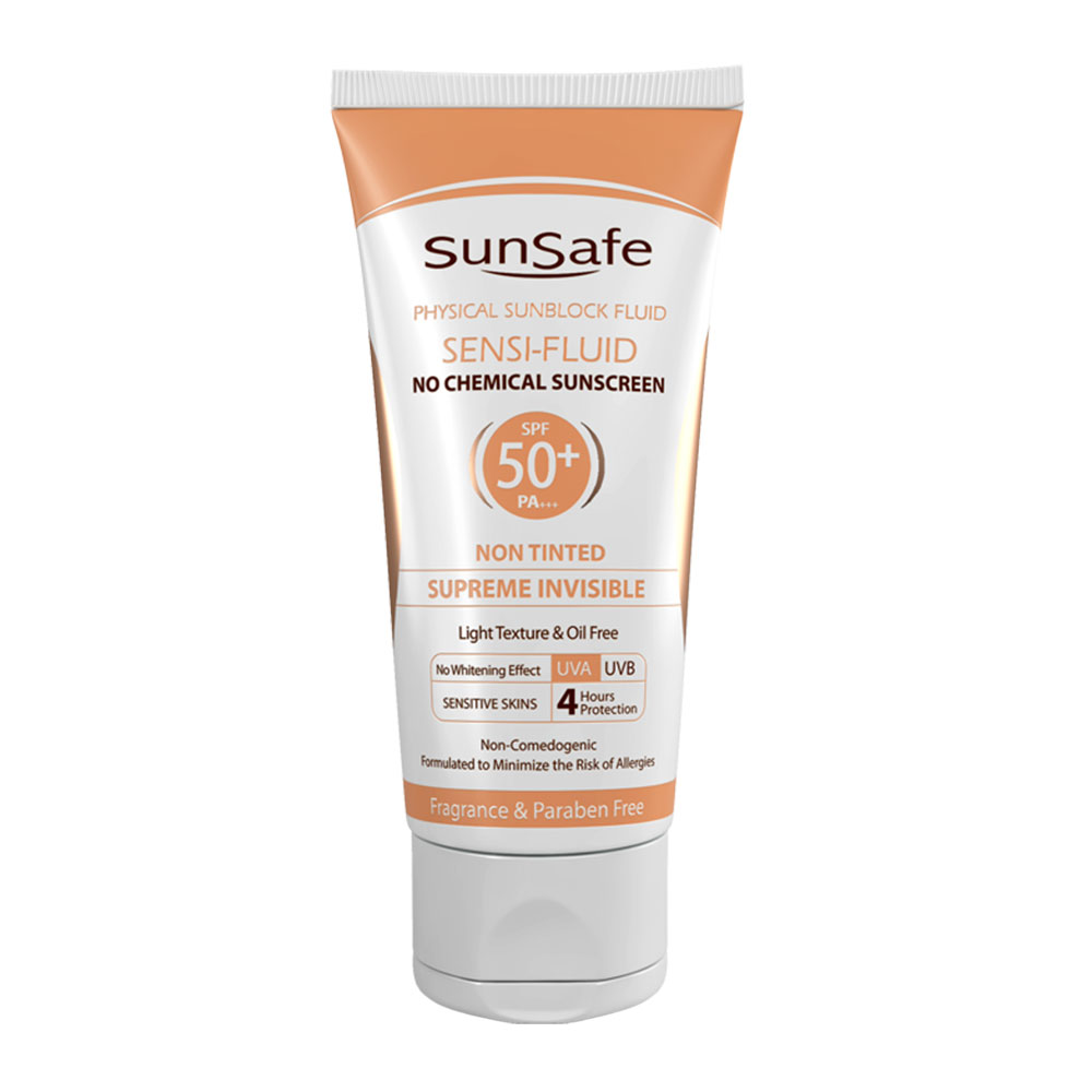 فلوئید ضد آفتاب فیزیکال پوست حساس +SPF 50 سان سیف 3 فلوئید ضد آفتاب فیزیکال سان سیف، مناسب پوست های حساس و بی رنگ یک محصول محافظتی عالی از پوست در برابر اشعه های مضر نور آفتاب است که از پیر شدن، افتادگی و ایجاد چین چروک پوست پیشگیری می کند.