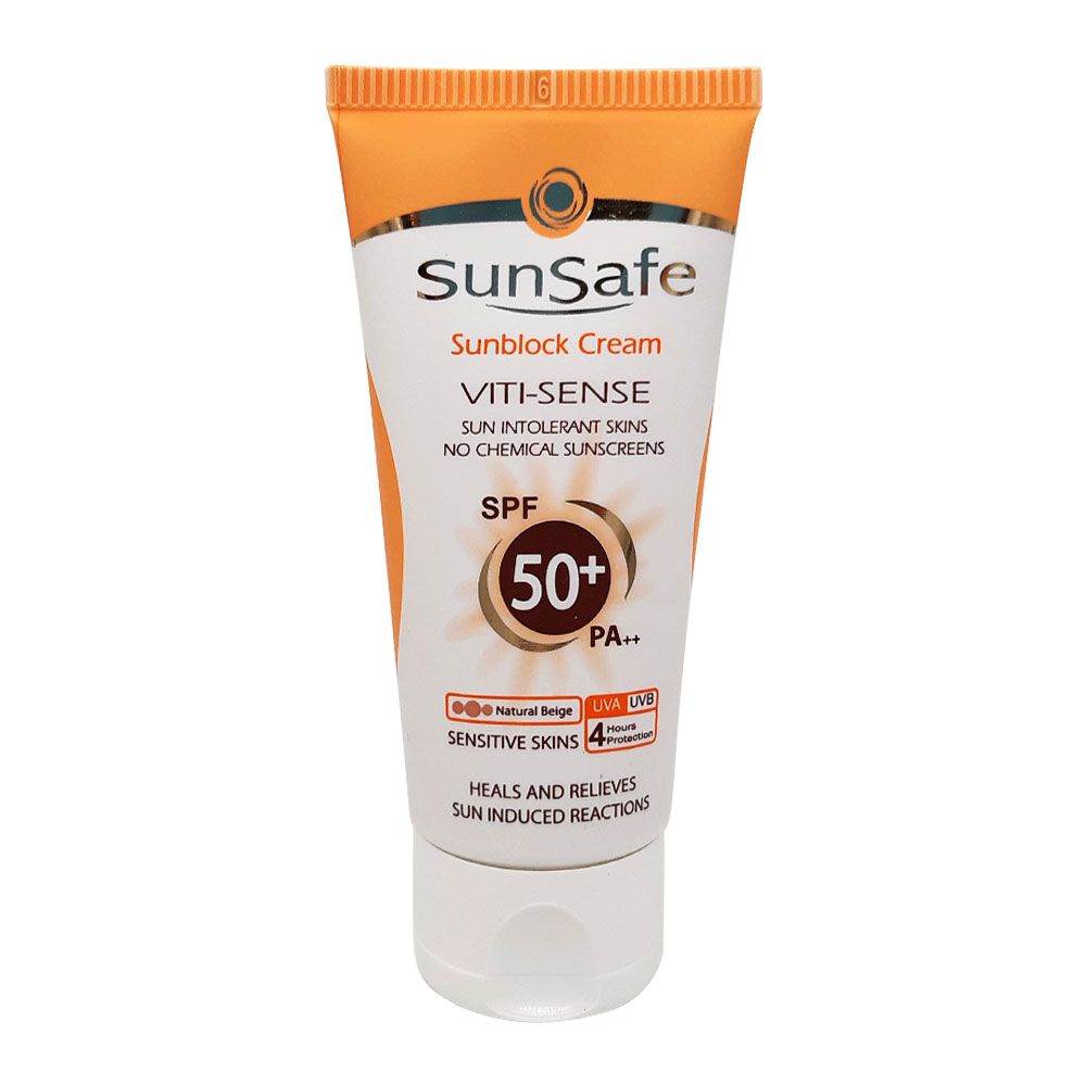 کرم ضد آفتاب SPF50 فاقد جاذب های شیمیایی سان سیف | بژ طبیعی 3 کرم ضد آفتاب بژ طبیعی سان سیف، مناسب پوست حساس میباشد و با دارا بودن SPF50 از پوست در برابر اشعه UVA و UVB به خوبی محافظت میکند. و از پیری پوست جلوگیری می کند.